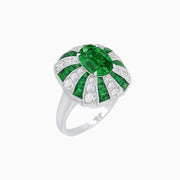 Art Deco Inspired Oval Sunburst Cocktail Ring with Calibré-Cut Gemstones - Shahin Jewelry